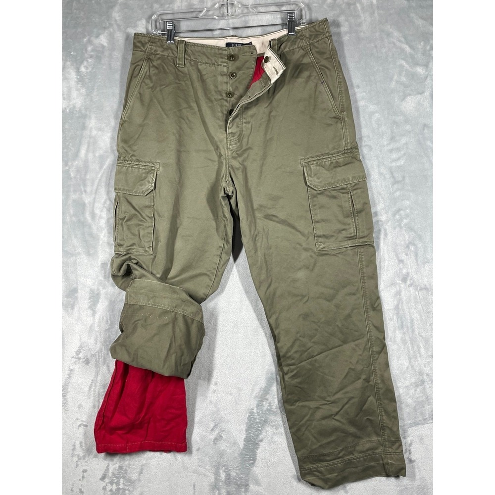 J. Crew Men's Olive Green Cargo Pants Button Fly Cotton Lined 35x30 Baggy Y2K